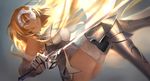  armor armored_boots armpits ass bare_shoulders blonde_hair boots breasts brown_eyes chain closed_mouth fate/apocrypha fate/grand_order fate_(series) gauntlets gold_chain grey_background headpiece hei_tong_shi highres holding holding_sword holding_weapon jeanne_d'arc_(fate) jeanne_d'arc_(fate)_(all) large_breasts long_hair metal_boots rotated see-through simple_background smile solo standing sword thighhighs thighs underbust unsheathed very_long_hair weapon white_legwear 