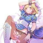  blonde_hair bracelet bun_cover china_dress chinese_clothes chun-li chun-li_(cosplay) cosplay djeeta_(granblue_fantasy) double_bun dress eyeshadow granblue_fantasy groin jewelry makeup pantyhose sash solo spiked_bracelet spikes street_fighter tajima_ryuushi torn_clothes torn_legwear yellow_eyes 