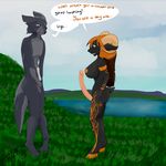  2016 anthro aspen balls big_breasts breasts canine caprine dialogue dickgirl embarrassed fur goat hair horn intersex lake leashless_(artist) leashless_(character) male mammal navel nipples nude outside penis sky text water wolf 