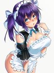  :o ahoge apron bare_shoulders blue_bow blue_eyes blue_neckwear blush bow bowtie breasts cleavage covered_nipples detached_collar finger_to_mouth frills hair_between_eyes hair_bow keita_(tundereyuina) large_breasts leaning_forward lips long_hair maid maid_headdress naked_apron original parted_lips pinky_out pinky_to_mouth puffy_short_sleeves puffy_sleeves purple_hair shiny shiny_skin short_sleeves shoulder_cutout side_ponytail solo tareme thighs 