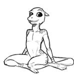  2015 anthro black_and_white female horn kobold looking_at_viewer monochrome navel nude reptile rml scalie simple_background sitting solo tugma white_background 