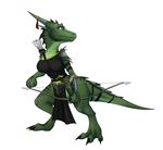 anthro armor arrow blue_eyes bow_(weapon) breasts claws clothed clothing fangs female gauntlets gloves green_scales horn kobold loincloth pauldron quiver ranged_weapon ribbons scales scalie solo tomek1000 weapon 