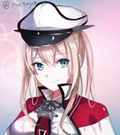  artist_name blonde_hair capelet eyebrows eyebrows_visible_through_hair graf_zeppelin_(kantai_collection) hair_between_eyes hat highres iron_cross kantai_collection looking_at_viewer necktie nekomaaro peaked_cap pink_background red_neckwear shirt short_hair simple_background smile solo tsurime twintails upper_body white_hat white_shirt 