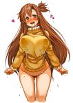  asuna_(sao) blush bottomless breast_milk breasts brown_eyes brown_hair cowboy_shot heart lactation lactation_through_clothes large_breasts long_hair long_sleeves looking_at_viewer naked_sweater one_side_up open_mouth perky_breasts pubic_hair sachito smile solo suggestive_fluid sweater sword_art_online thick_thighs thighs turtleneck very_long_hair 