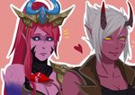  absurdres alternate_costume black_sclera blush breasts caitlyn_(league_of_legends) cleavage commentary demon_girl demon_horns demon_tail demon_vi highres horns large_breasts league_of_legends long_hair lunar_wraith_caitlyn multiple_girls pink_hair pink_skin rouza_vii short_hair tail valentine vi_(league_of_legends) 