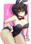  alternate_costume animal_ears black_hair bow bowtie breasts brown_eyes bunny_ears bunnysuit cleavage detached_collar fishnet_pantyhose fishnets girls_und_panzer kawashima_momo large_breasts monocle pantyhose shinshin short_hair solo wrist_cuffs 