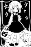  :d bag blush bow cat dress glastonbury1966 greyscale hair_bow handbag mary_janes monochrome open_mouth ribbon sanya_v_litvyak shoes short_hair smile solo standing star strike_witches world_witches_series younger 