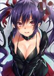  :d bikini black_bikini black_shirt blush breast_squeeze breasts buckle cleavage collar collarbone commentary_request cowboy_shot demon_horns demon_tail fangs hair_ribbon horns keita_(tundereyuina) large_breasts leaning_forward lips long_hair open_clothes open_mouth open_shirt original pleated_skirt purple_eyes purple_hair red_ribbon red_skirt ribbon shirt skirt smile solo swimsuit tail twintails v_arms very_long_hair wavy_hair 