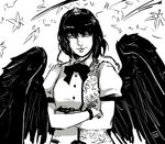  1girl bow bowtie buttons crossed_arms greyscale looking_at_viewer monochrome shameimaru_aya short_hair solo tengu touhou tres-iques wings 