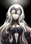  armor bangs black_background blonde_hair breasts chain eyebrows eyebrows_visible_through_hair fate/grand_order fate_(series) gauntlets headpiece jeanne_d'arc_(alter)_(fate) jeanne_d'arc_(fate)_(all) large_breasts light_particles long_hair looking_at_viewer navel navel_cutout pale_skin parted_lips rokuri-eva solo upper_body white_hair 