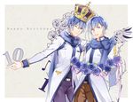  blue_eyes blue_flower blue_hair blue_rose crown dual_persona eighth_note flower happy_birthday kaito kaito_(vocaloid3) male_focus mibu_(1064493753) multiple_boys musical_note one_eye_closed open_mouth rose scarf single_wing smile vocaloid wings 