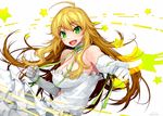  :d ahoge bare_shoulders blonde_hair breasts choker cleavage clenched_hand gloves green_eyes happa_(cloverppd) hoshii_miki idolmaster idolmaster_(classic) large_breasts long_hair looking_at_viewer open_mouth ribbon smile solo star white_gloves 