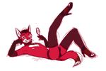  2015 anthro canine canned_(artist) clothed clothing crossdressing fox fur girly green_eyes high_heels legwear looking_at_viewer lying male mammal navel nipples on_back panties reclining red_fur simple_background skimpy solo thigh_highs underwear white_background 