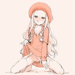  :q belfraw_martini beret blush capelet dripping full_body garter_belt hat head_tilt headphones ikezawa_shin kneeling long_sleeves looking_at_viewer monochrome nose_blush orange_(color) panties panties_aside pink pink_background pom_pom_(clothes) presenting pussy pussy_juice shirt_lift simple_background smile solo spread_legs summon_night summon_night_3 sweatdrop thighhighs tongue tongue_out underwear 