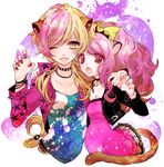  ;d animal_ears arm_around_shoulder blonde_hair bow cheety_(show_by_rock!!) chino_machiko choker dress jacket laina_(show_by_rock!!) lion_ears lion_tail long_hair looking_at_viewer multicolored_hair multiple_girls nail_polish one_eye_closed open_mouth paw_pose pink_hair ponytail red_eyes short_hair show_by_rock!! smile tail two-tone_hair yellow_eyes yuri 