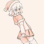  ass blush bobblehat capelet covering covering_crotch cowboy_shot dutch_angle from_behind fur_trim hat ikezawa_shin long_sleeves looking_at_viewer looking_back minis monochrome nose_blush orange_(color) outstretched_arm panties pantyshot pantyshot_(standing) pink pink_background pleated_skirt santa_costume santa_hat simple_background skirt solo standing summon_night summon_night_2 surprised sweatdrop sweater thighhighs underwear 