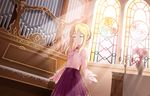  ^_^ artist_request blonde_hair blouse bow brooch church clarice_(idolmaster) closed_eyes frills idolmaster idolmaster_cinderella_girls idolmaster_cinderella_girls_starlight_stage indoors instrument jewelry long_hair official_art organ pipe_organ skirt smile solo stained_glass sunlight 