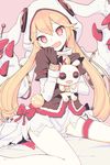 animal_hood black_gloves blonde_hair bow bowtie bracelet buttons dress fujimoto_sanchi_no_kedama gloves hand_to_own_mouth heart heart-shaped_pupils hood hoodie jewelry kuchiiteru long_hair looking_at_viewer merc_storia open_mouth pink_background sitting solo stuffed_toy symbol-shaped_pupils thigh_strap torn_clothes wariza wavy_mouth 