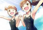  ;d brown_eyes brown_hair competition_school_swimsuit ek_masato futami_ami futami_mami hair_bobbles hair_ornament holding_hands idolmaster idolmaster_(classic) long_hair multiple_girls one-piece_swimsuit one_eye_closed open_mouth school_swimsuit short_hair siblings side_ponytail sisters smile swimsuit twins 