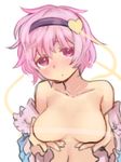  bare_shoulders blush breasts censored hairband heart komeiji_satori large_breasts looking_at_viewer no_bra off_shoulder open_clothes open_shirt pine pink_eyes pink_hair shirt short_hair simple_background sketch solo touhou upper_body white_background 