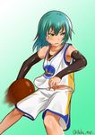  absurdres arm_warmers basketball basketball_uniform golden_state_warriors green_eyes green_hair heterochromia highres kantai_collection kashisu_mint kiso_(kantai_collection) national_basketball_association no_eyepatch scar scar_across_eye short_hair solo sportswear sweat tan twitter_username yellow_eyes 