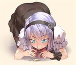  black_legwear blue_eyes blush dagashi_kashi dress hairband pantyhose purple_hair ringed_eyes shidare_hotaru short_hair solo straw tears vycma 