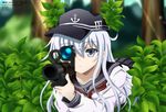  aiming amou_yuu anchor_symbol black_hat blurry blush bush closed_mouth collarbone copyright_name day depth_of_field expressionless eyebrows eyebrows_visible_through_hair fingernails flat_cap gun hair_between_eyes hat hibiki_(kantai_collection) hiding holding holding_gun holding_weapon kantai_collection light_rays long_hair long_sleeves lying neckerchief number on_stomach outdoors plant rifle roman_numerals school_uniform serafuku shirt sniper_rifle solo sunlight tareme weapon white_hair white_shirt 