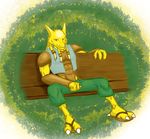  abs alakazam anthro athletic bench claws clothed clothing facial_hair footwear hair half-closed_eyes kingdomheartskeeper kingdomxathers long_hair looking_at_viewer male mustache nintendo open_shirt pants pecs pointy_ears pok&eacute;mon pok&eacute;morph sandals sitting skinny smile solo toes video_games 