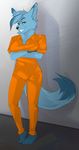  anthro blue_fur canine crossed_arms fangs female fur kittentits looking_at_viewer mammal prison_suit simple_background smile solo teeth wolf 