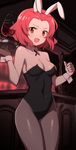  :d bar blush breasts bunnysuit cleavage covered_navel detached_collar fishnet_pantyhose fishnets girls_und_panzer glastonbury1966 highres holding medium_breasts open_mouth orange_eyes pantyhose red_hair rosehip short_hair smile solo wrist_cuffs 