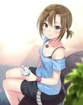  bare_legs bare_shoulders black_bra black_shorts blue_shirt blurry blush bottle bra breasts brown_hair bush cleavage collarbone commentary_request crown depth_of_field fukahire_(ruinon) green_eyes hair_ornament hairclip holding holding_bottle idolmaster idolmaster_cinderella_girls jewelry looking_at_viewer low_neckline low_ponytail medium_breasts mini_crown necklace pendant plant shirt short_hair short_ponytail short_sleeves shorts sitting solo star sweat sweatband t-shirt tada_riina underwear water_bottle 