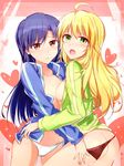  :o ahoge ass asymmetrical_docking blonde_hair blue_hair blue_jacket blush breast_press breasts closed_mouth collarbone cowboy_shot eyebrows eyebrows_visible_through_hair from_behind frown green_eyes green_jacket groin heart heart_background hoshii_miki idolmaster idolmaster_(classic) jacket kisaragi_chihaya kiu_(dear_deer) long_hair long_sleeves looking_back multiple_girls no_bra nose_blush open_clothes open_jacket open_mouth open_track_jacket panties panty_pull pulled_by_another red_eyes red_panties sideboob small_breasts standing tareme underwear white_panties yuri 