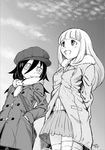  :3 arms_behind_back artist_name bag bags_under_eyes bangs coat duffel_coat dutch_angle from_below fur_scarf fur_trim greyscale hand_in_pocket hat highres kuroki_tomoko long_hair monochrome multiple_girls naruse_yuu official_style open_mouth parody radiohead scarf signature skirt smile thighhighs watashi_ga_motenai_no_wa_dou_kangaetemo_omaera_ga_warui! 