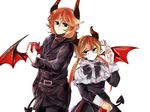  1girl apple belt black_dress black_eyes bow bowtie capelet demon_tail demon_wings dialo dress dual_persona food fork fruit haiiro_teien horns jacket long_hair lost_(haiiro_teien) red_hair short_hair skull tail time_paradox turtleneck twintails wings yamee 