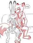  anonymous_artist blush canine disney fox growling judy_hopps lagomorph mammal mutual_masturbation nick_wilde rabbit sitting smug zootopia 