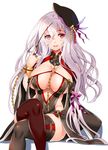  :d bare_shoulders between_breasts black_legwear blush bow bracelet breasts cleavage collar commentary crossed_legs hair_bow hat heterochromia jewelry kuroda_kanbee_(sengoku_bushouki_muramasa) large_breasts lipstick long_hair looking_at_viewer makeup o-ring o-ring_top open_mouth purple_bow purple_eyes red_lipstick sengoku_bushouki_muramasa shinozuka_atsuto sideboob silver_eyes silver_hair sitting smile solo thighhighs very_long_hair white_background 