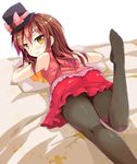  ass bare_shoulders bed_sheet black_hat black_legwear blush bow cafe-chan_to_break_time cafe_(cafe-chan_to_break_time) closed_mouth eyebrows eyebrows_visible_through_hair feet_up from_behind gradient_hair hat hat_bow leg_up long_hair lying multicolored_hair no_shoes on_stomach pantyhose pink_bow plantar_flexion porurin purple_hair red_shirt red_skirt shirt simple_background skirt sleeveless sleeveless_shirt smile solo top_hat tsurime white_background yellow_eyes 