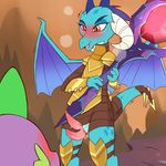  animal_genitalia animal_penis anthro armor blush clothing cold-blooded-twilight crossgender dragon duo friendship_is_magic hemipenes horn male multi_penis my_little_pony open_mouth penis princess_ember_(mlp) red_eyes size_difference spike_(mlp) standing tongue 