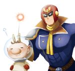  antennae belt brown_hair captain_falcon closed_eyes f-zero gloves helmet male_focus multiple_boys olimar petting pikmin_(series) pointy_ears red_gloves robotoco scarf simple_background smile super_smash_bros. white_background yellow_gloves 