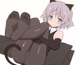  animal_ears aqua_eyes bare_shoulders black_gloves black_legwear cat_ears cat_tail elbow_gloves feet glastonbury1966 gloves grey_hair pantyhose sanya_v_litvyak short_hair sitting sleeveless solo strike_witches tail world_witches_series 