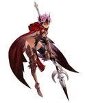  armor cape eileen_(seven_knights) full_body gloves greaves headpiece highres pink_eyes polearm purple_hair red_cape red_eyes seven_knights short_hair solo spear standing standing_on_one_leg weapon white_background 