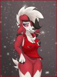  bottomless breasts candy candy_cane chest_tuft cleavage clothed clothing dunewulff female food lycanroc nintendo nipples pok&eacute;mon pok&eacute;mon_(species) pussy torn_clothing tuft video_games 
