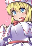  blonde_hair blue_eyes blush bow breasts commentary_request d: dress embarrassed flying_sweatdrops fun_bo hat large_breasts lily_white looking_at_viewer open_mouth sash sleeves_past_wrists solo touhou wavy_mouth 