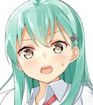  :d aqua_hair blush brown_eyes byte_(allbyte) close-up collared_shirt dress_shirt face kantai_collection lips looking_at_viewer open_mouth portrait round_teeth shirt simple_background smile solo suzuya_(kantai_collection) sweatdrop teeth upper_body v-shaped_eyebrows white_background 