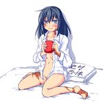  barefoot bed_sheet black_hair blue_hair blush bottomless burn_scar cup dorei_to_no_seikatsu_~teaching_feeling~ full_body long_hair looking_at_viewer naked_shirt navel on_bed open_clothes open_shirt ouka_(shibasu) pillow scar shirt simple_background sitting solo sylvie_(dorei_to_no_seikatsu) wariza white_background 