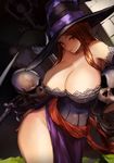  armpits bare_shoulders black_dress black_gloves bone breasts chirigami-san cleavage closed_mouth collarbone cowboy_shot dragon's_crown dress elbow_gloves empty_eyes expressionless gloves hand_on_hip hat head_tilt highres hips huge_breasts looking_at_viewer monster red_eyes red_hair sharp_teeth side_slit skeleton solo sorceress_(dragon's_crown) standing strapless strapless_dress teeth thighs undead witch witch_hat 