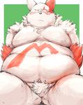  belly big_belly blush chest_tuft crotch_tuft fur kotobuki looking_at_viewer male moobs navel neck_tuft nintendo nipples nude obese overweight overweight_male pok&eacute;mon pok&eacute;morph pubes shy sitting solo tuft video_games white_fur zangoose 