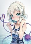  aqua_eyes bare_shoulders blush closed_eyes closed_mouth hand_in_hair hand_up heart heart_of_string holding komeiji_koishi name_tag one-piece_swimsuit opanchu_(hakusen) school_swimsuit short_hair silver_hair skin_tight smile solo string swimsuit text_focus third_eye touhou tsurime upper_body 