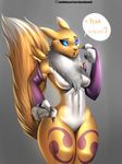  2016 anthro big_breasts black_claws black_nose black_sclera blue_eyes breasts canine claws dialogue digimon doomthewolf english_text facial_markings featureless_breasts featureless_crotch female fox fur grey_background hi_res mammal markings mostly_nude navel open_mouth purple_markings raised_tail renamon simple_background speech_bubble text thick_thighs tongue tuft white_fur wide_hips yellow_fur 