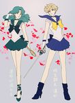  bad_id bad_pixiv_id bishoujo_senshi_sailor_moon blonde_hair blue_choker blue_sailor_collar blue_skirt boots brown_eyes choker circlet deep_aqua_mirror earrings gloves green_eyes green_hair green_skirt high_heel_boots high_heels jewelry kaiou_michiru miniskirt mirror multiple_girls outer_senshi petals pleated_skirt rapier ribbon sagemaru-br sailor_collar sailor_neptune sailor_senshi sailor_senshi_uniform sailor_uranus short_hair skirt space_sword strappy_heels sword ten'ou_haruka translated very_short_hair weapon white_gloves 